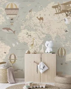 Kids World Map 3D Murals Modern Colorful Cartoon Wallpaper with Animals & Landmarks Peel and Stick Wall Art for Bedrooms