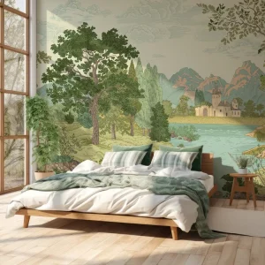 Lake and Mountain Castle Mural Custom Eco-Friendly Wall Art for Luxury Villa Guest Room High End Residential Interior Decor