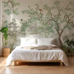 Lakeside Tree Mural Non Woven Wallpaper Custom Size Elegant Chinoiserie Wall Decor for Living Room Bedroom Hotel Lobby