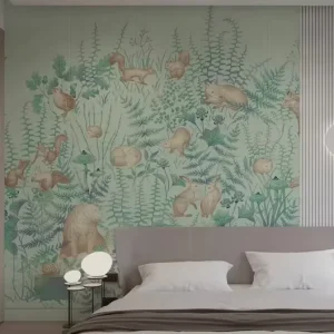 Large Scale Kids Wallpaper Mural Green Forest Animal Wall Decor for Bedroom Commercial Use Non Toxic Paper Material