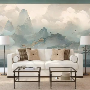 Light Blue Green Traditional Chinese Wall Paper Featuring Mountain and Pavilion Landscape Mural Wallpaper