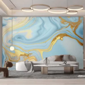 Light Blue Marble Golden Swirls PVC Self Adhesive Wall Panel Peel Stick Waterproof Wallpaper for Bedroom Kitchen