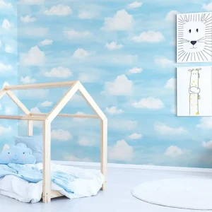 Light Blue Sky Paired with Soft White Clouds PVC Wallpaper for Babies Kids Bedroom