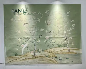 Light Green Hand Painted and Embroidered Silk Wallpaper for Interior House Wall Decoration
