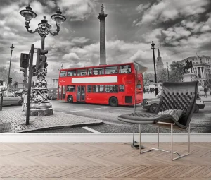 London Scene Red Bus Black White Art Mural for Living Room Decor Retro City Landscape Peel Stick Wallpapers