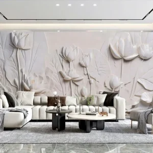 Lotus Relief Wall 8D Stone Textured Wallpaper Home Decoration