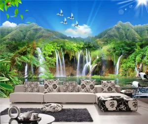 Lush Rainforest Waterfall Wallpaper Mountain Bird Crane Modern Non-Woven Silk Waterproof Easy Peel Stick Dining Living Room