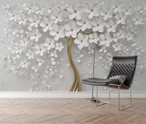 Luxury Artistic Golden Flower Mural for Interior Decoration 3D Floral Tree Wallpaper