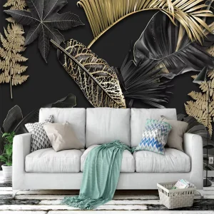 Luxury Black Gold Silk Tropical Leaves Wallpaper Modern 3D Waterproof Easy Installation Plant Mural Bedroom Bathroom Hotel Decor