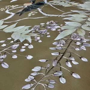 Luxury Chinoiserie Hand Painted Embroidered Bird Silk Wallpaper for Hotel Wall Decoration