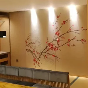 Luxury Chinoiserie Red Embroidered Plum Hand Painted Wallpaper for Hotel Wall Decoration