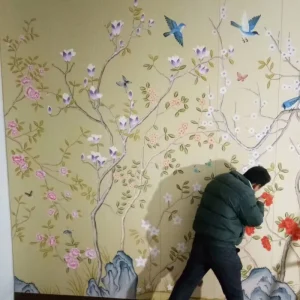 Luxury Chinoiserie Silk Hand-painted Butterfly Trees Wallpaper with Variable Background Color for Interior Wall Decor