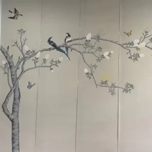 Luxury Chinoiserie Silk Hand painted Flower and Bird Design Wallpaper for Hotel Wall Decoration