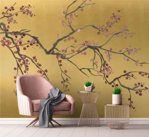 Luxury Chinoiserie Wallpaper Golden Foil Plum Blossom Gold Textured Wall Mural for Living Room Villa Hotel Interior Decoration