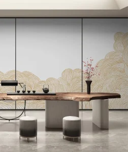 Luxury Eco-Friendly Paper Home Decoration Beige Gold Abstract Cloud Line Wave Art Wallpaper Mural High-End Hotel Suite Boutique