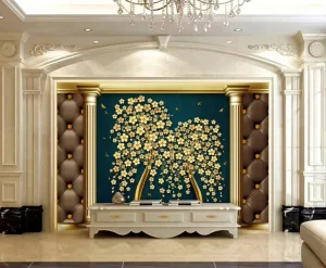 Luxury European Style Golden Floral Tree Wall Mural Panel with Column Accents 3D Wallpaper Home Decoration