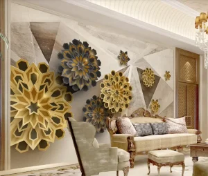 Luxury Geometric Floral Wall Paper 3D Golden Art Mural for Interior Decoration Gold Wallpaper