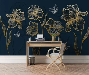 Luxury Gold Floral Wall Mural Embossed Line Design Navy Blue Wall Paper 3d Home Wallpaper