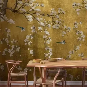 Luxury Gold Leaf Magnolia Wall Mural Chinoiserie Floral Bird High Definition Wallpaper for Dining Room Living Room Hotel Lobby