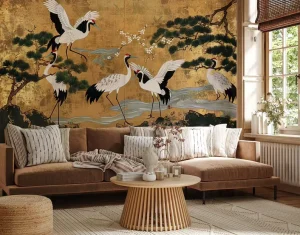 Luxury Gold Leaf Red Crowned Crane & Pine Wallpaper New Chinese Style Nature Mural Living Room Hotel Bedroom Interior Wall Decor