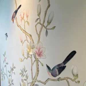 Luxury Hand Painted Magnolia Flowers Birds Design Silk Chinoiserie Wallpaper for Living Room