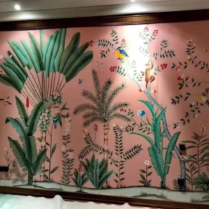 Luxury Hand Painted Monkey Banana Leaf Pink Wallpaper for Hotel Wall Decoration