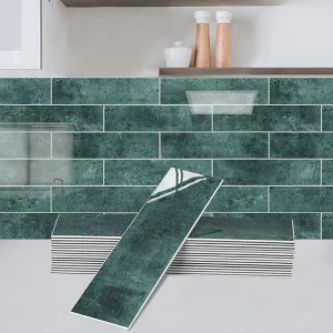 Luxury Modern Green Stone Texture Waterproof Peel Stick Glossy Subway Tile Self Adhesive Backsplash for Kitchen Bedroom Bathroom