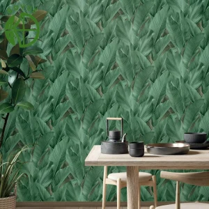 Luxury Tropical Fireproof Waterproof Living Room Bedroom Wallpaper Green Leaves 3D Embossed Textured PVC Vinyl Home Decoration