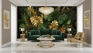Luxury Tropical Golden Monstera Leaf 3D Home Wallpaper Black Background Palm Floral Bedroom Living Room Wall Mural