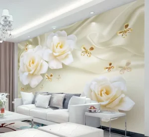Luxury White Rose Customized Size Wallpaper Golden Butterfly & Satin Mural for Elegant Hotel Wall Decor