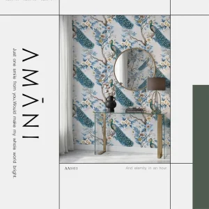 Marble Wood Texture Peacock Flower and Grey Ink Gold Leaf Wave PVC 0.53*9.2 m Wallpaper for Home Hotel Office School