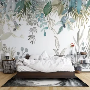Minimalist Greenery and Bird PVC Mural Soft Blue and Beige Foliage Print Wallpaper for Modern Boho Home Interiors Easy Install