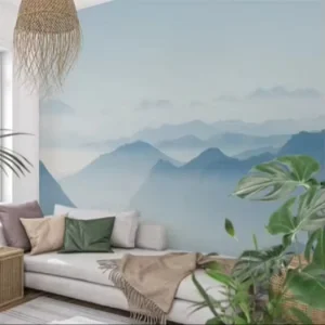 Minimalist Misty Blue Mountain PVC Silk Waterproof Wallpaper Mural Customizable Landscape Print Wall Decor Modern Apartment