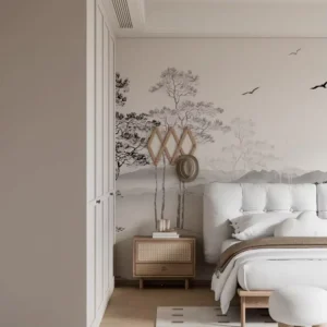Minimalist Sketch Pine Forest Peel and Stick Wallpaper Mural Custom Monochrome Tree and Bird Wall Decor for Living Room Bedroom
