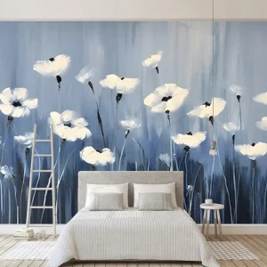 Minimally Embossed Retro White Floral Oil Painting PVC Wallpaper