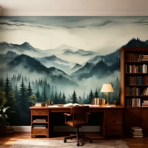 Misty Pine Forest Wallpaper Peel and Stick Foggy Mountain Scenery Self Adhesive Wall Mural for Living Room