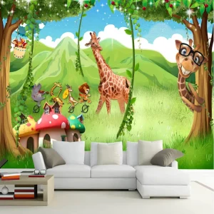Modern 3D Cartoon Animal Theme Mural Green Forest Silk Non-Woven Anti-static Waterproof Fabric Wallpaper Children’s Room Bedroom