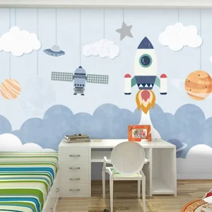 Modern 3D Cartoon Space Rocket Wallpaper for Boys Girls Bedroom Seamless Silk Fabric Wall Mural Wall Decor Background