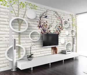 Modern 3D Deer Mural Wallpaper Artistic Silk on Brick-Textured Background Waterproof for Apartment Wall Sticker