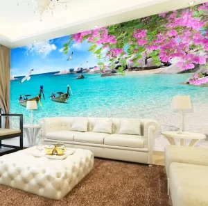 Modern 3D Ocean View Wallpaper Turquoise Sea Pink Blossom Mural Easy Waterproof Silk for Apartment Dining Bedroom Hotel Bathroom