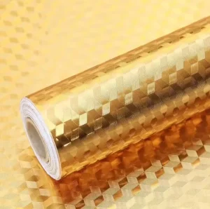 Modern 3D Self-Adhesive PVC Aluminum Foil Wallpaper Golden Square Pattern Waterproof Oil-Proof Kitchen Furniture Decoration Roll