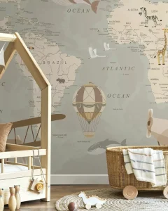 Modern Adventure Themed World Map Wallpaper for Kids Peel & Stick Installation Waterproof with Ships & Planes for Wall Painting