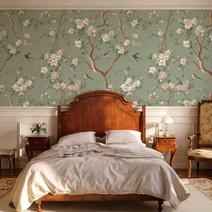 Modern Blossom Bird Mural Green Minimalist Chinoiserie Mural Wall Paper Interiors Sleek Elegant Design Self Adhesive Wallpaper