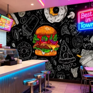 Modern Burger French Fries Backdrop Wall Mural with Easy Installation for Fast Food Photography Restaurant & Bedroom Decor
