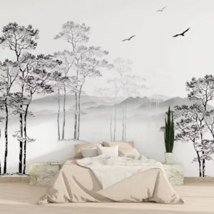 Modern Delicate Line Art Forest PVC Wallpaper Mural Customizable Neutral Tree Print Wall Decor for Bedroom Livingroom Hotel