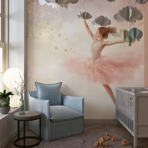 Modern Dreamy Ballerina Eco friendly Removable Wallpaper Pink Gold Star Print Wall Covering for Girl Bedroom Ballet Studio Decor