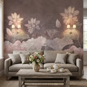 Modern Embossed Waterproof Muted Watercolor Lotus Wall Mural Peel and Stick Floral Wallpaper for Bedroom Wall Decor