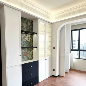 Modern French Style Bedroom Wardrobe Matte White Arched Glass Door Built in Closet System
