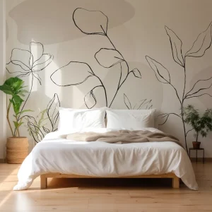 Modern Line Art Eucalyptus Mural Non-Woven Wallpaper Custom Size Neutral Tone Wall Decor for Living Room Home Office Apartment
