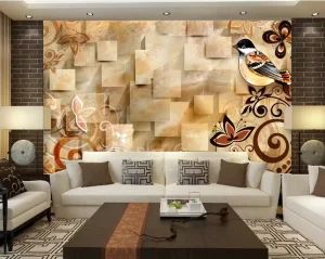 Modern Marble Effect 3D Textured Wall Mural Panel with Floral and Bird Accents Easy Waterproof Peel Stick Wallpapers